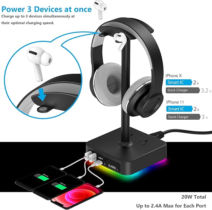 KAFRI RGB Headphone Stand with USB Ports Description: