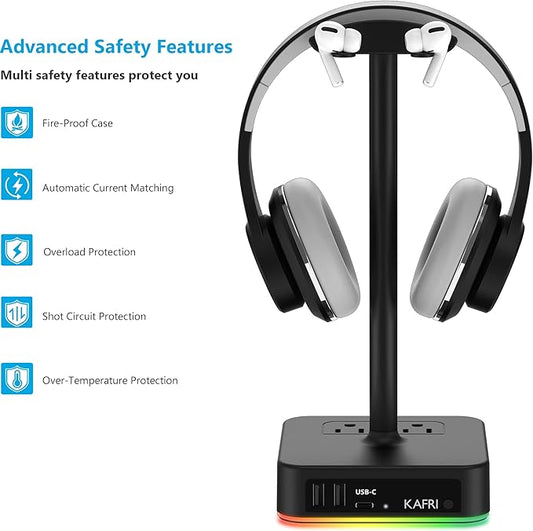 KAFRI RGB Headphone Stand with USB Ports Description: